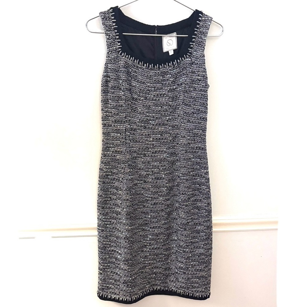 ST. JOHN COUTURE Sheath Tweet Dress Sleeveless Scoop Neck, black gray and cream